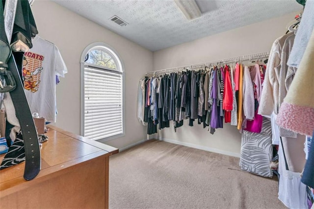 spacious closet featuring visible vents and carpet floors