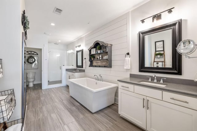 full bathroom featuring toilet, vanity, and independent shower and bath