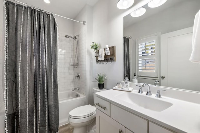 full bathroom featuring toilet, tile patterned flooring, shower / bathtub combination with curtain, and vanity