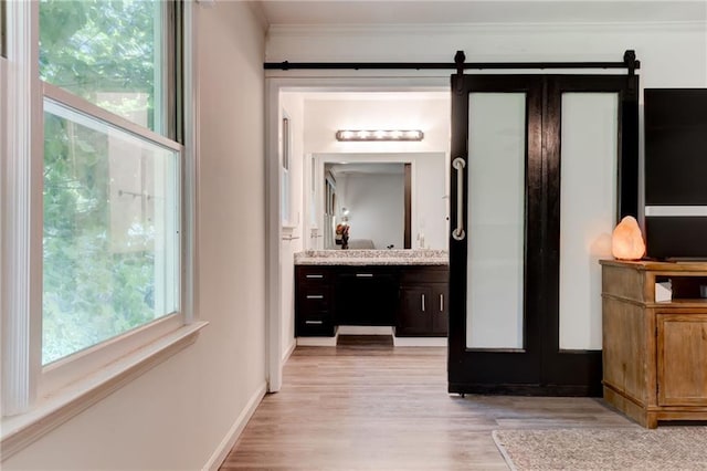 4417 Village Square Ln, Stone Mountain, GA 30083 - bathroom with vanity, wood finished floors, crown molding, and french doors