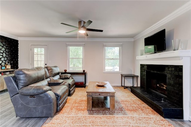 4417 Village Square Ln, Stone Mountain, GA 30083 - living room featuring ornamental molding, wood finished floors, a ceiling fan, and a fireplace with raised hearth