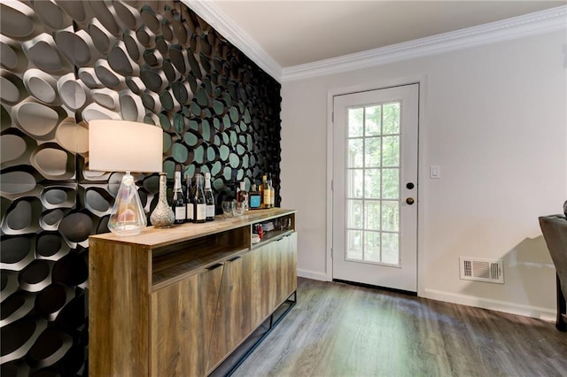 4417 Village Square Ln, Stone Mountain, GA 30083 - indoor dry bar featuring wood finished floors and ornamental molding