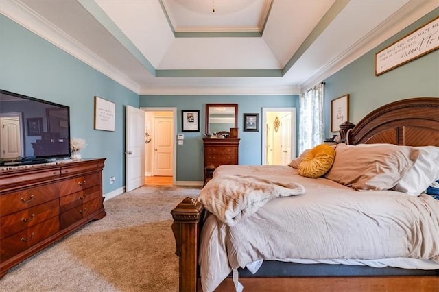 bedroom with light carpet, a raised ceiling, and crown molding