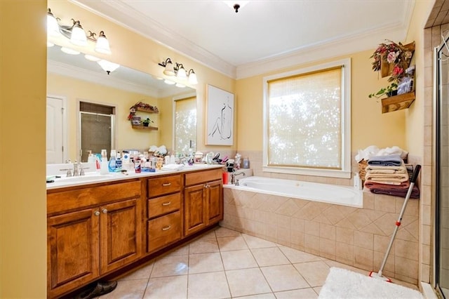 bathroom with tile patterned floors, vanity, separate shower and tub, and crown molding