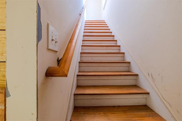 stairway with hardwood / wood-style flooring