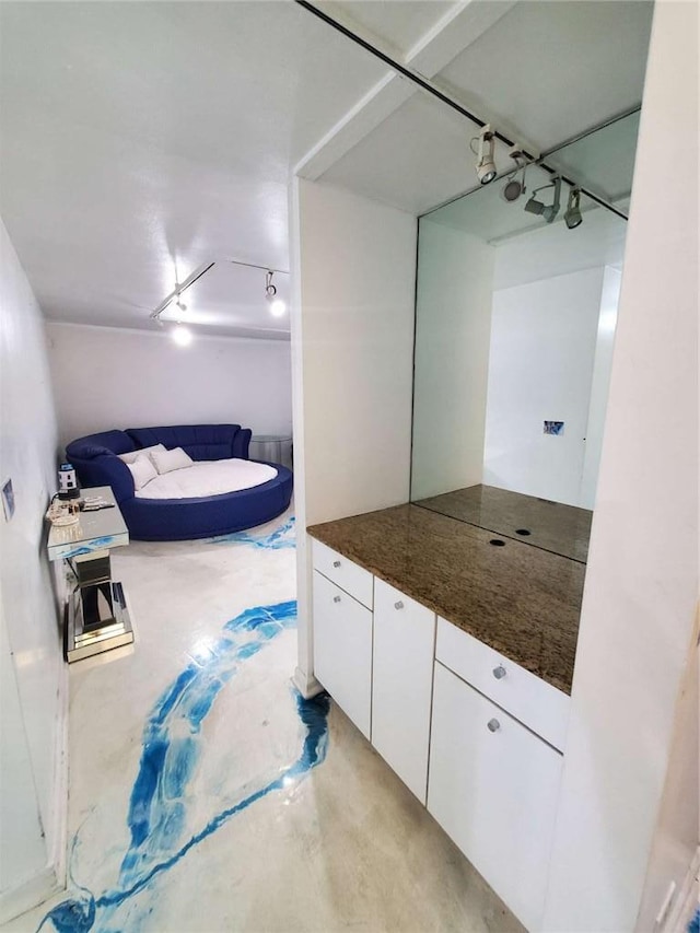 bathroom with finished concrete floors, rail lighting, and vanity