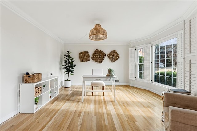 office space with hardwood / wood-style floors and ornamental molding