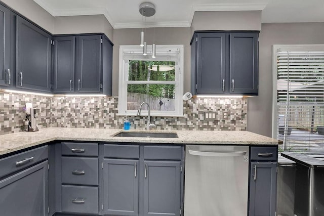 3202 Ivy Station Way, Duluth, GA 30096 - kitchen featuring stainless steel dishwasher, a sink, tasteful backsplash, light stone countertops, and crown molding