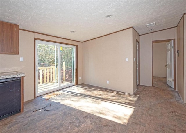 unfurnished living room featuring a textured ceiling, beverage cooler, and crown molding