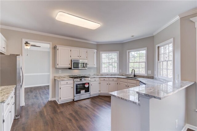 kitchen featuring stainless steel appliances, dark wood-type flooring, a sink, white cabinets, and a peninsula