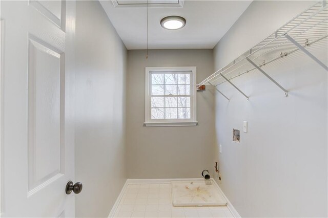 laundry room with attic access, gas dryer hookup, baseboards, laundry area, and washer hookup