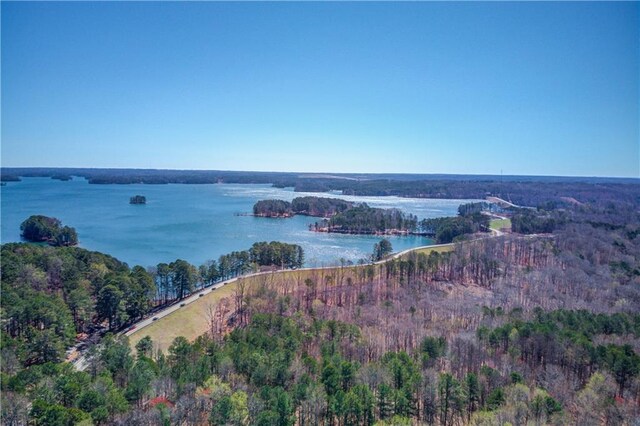 birds eye view of property with a water view and a view of trees