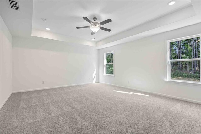 unfurnished room with carpet, ceiling fan, and a raised ceiling