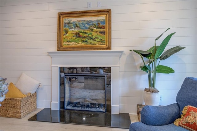 detailed view of a glass covered fireplace and wooden walls