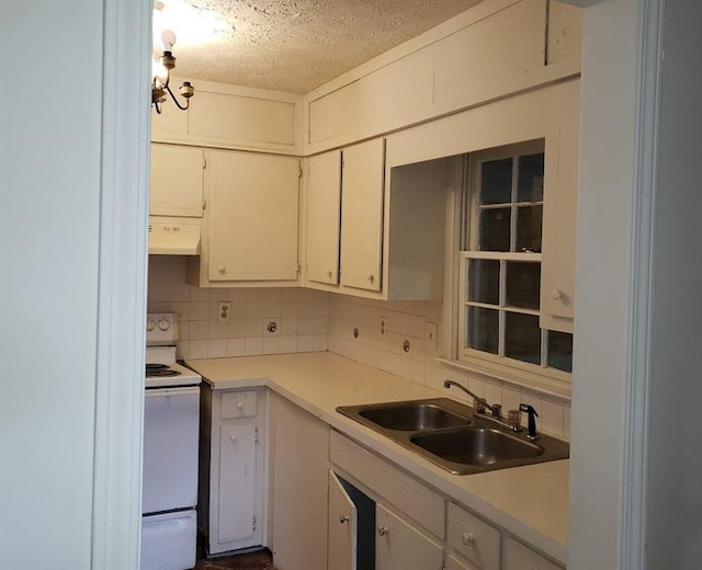 kitchen with a textured ceiling, white electric range, a sink, exhaust hood, and light countertops