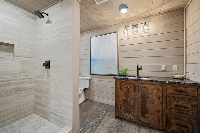 799 Bruce Mountain Rd, Morganton, GA 30560 - full bathroom featuring tiled shower, wood finished floors, toilet, vanity, and wood ceiling