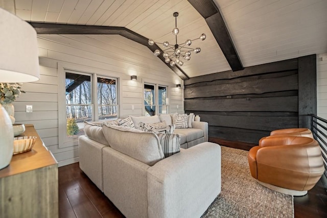 home theater featuring wooden walls, lofted ceiling with beams, and wooden ceiling