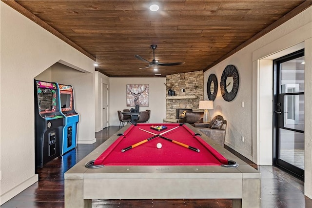 799 Bruce Mountain Rd, Morganton, GA 30560 - playroom with wood ceiling, ceiling fan, baseboards, billiards table, and a stone fireplace