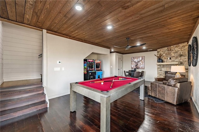 799 Bruce Mountain Rd, Morganton, GA 30560 - playroom with wooden ceiling, wood-type flooring, a ceiling fan, baseboards, and pool table