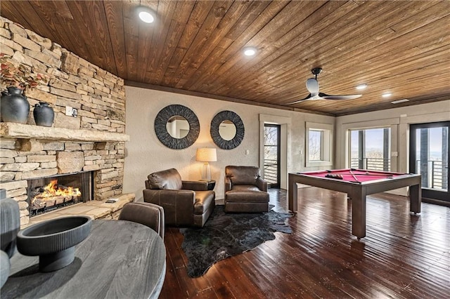 799 Bruce Mountain Rd, Morganton, GA 30560 - game room with wooden ceiling, pool table, wood-type flooring, a textured wall, and a fireplace