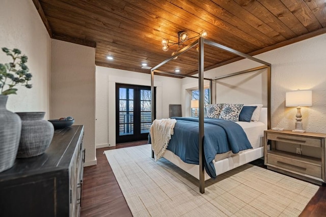 bedroom with wood ceiling, wood-type flooring, and french doors