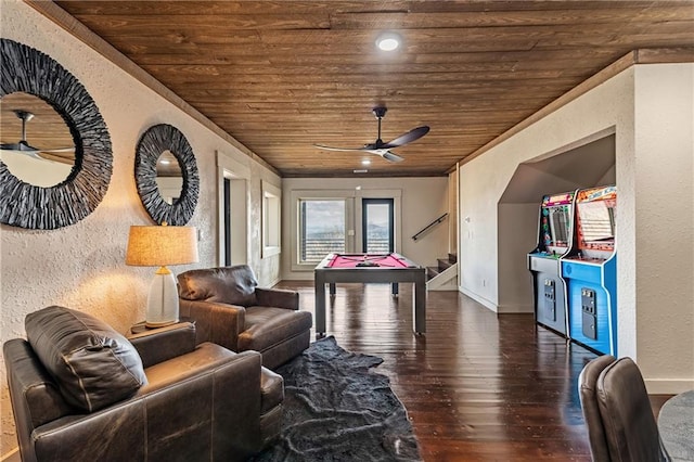 799 Bruce Mountain Rd, Morganton, GA 30560 - playroom with wooden ceiling, a textured wall, hardwood / wood-style flooring, ceiling fan, and baseboards
