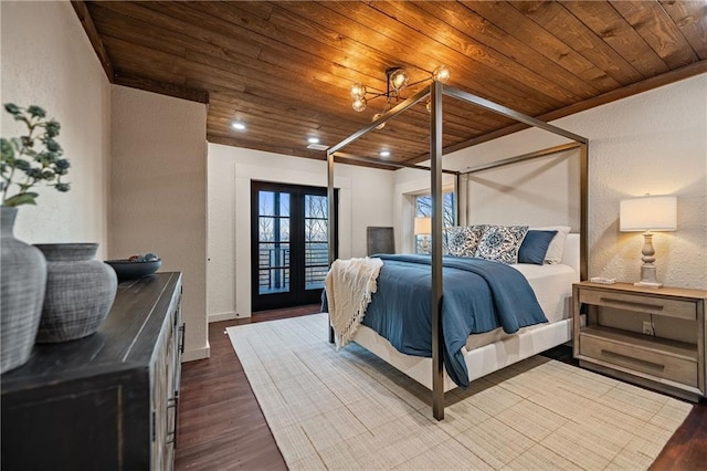 799 Bruce Mountain Rd, Morganton, GA 30560 - bedroom with wood ceiling, a textured wall, dark wood finished floors, recessed lighting, and baseboards