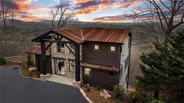 799 Bruce Mountain Rd, Morganton, GA 30560 - view of front of house featuring stone siding, metal roof, and fence