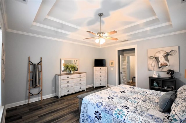 bedroom with visible vents, a raised ceiling, baseboards, and dark wood finished floors