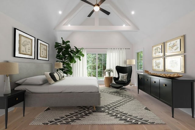 bedroom featuring high vaulted ceiling, light hardwood / wood-style flooring, and ceiling fan