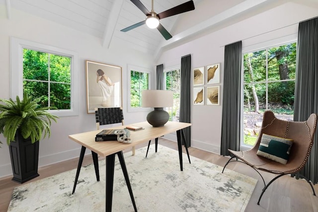 office with plenty of natural light, ceiling fan, and light hardwood / wood-style floors