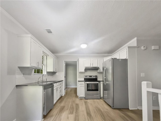 kitchen with light hardwood / wood-style flooring, ornamental molding, sink, white cabinetry, and appliances with stainless steel finishes