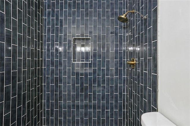 bathroom with a tile shower and toilet