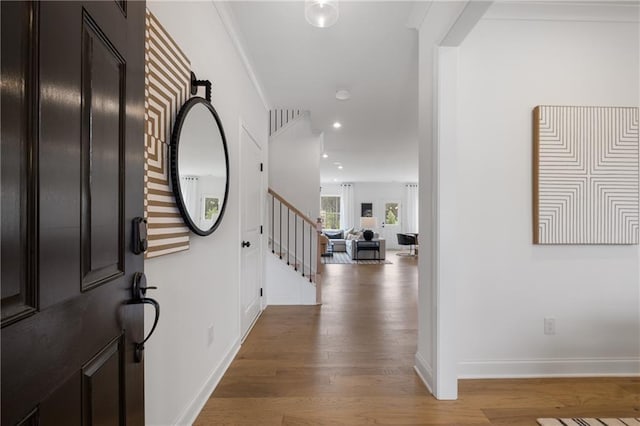 foyer featuring ornamental molding and hardwood / wood-style floors