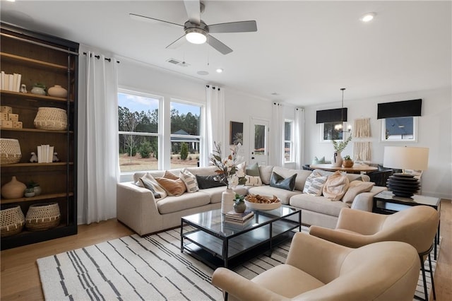 living room featuring light wood-type flooring and ceiling fan with notable chandelier