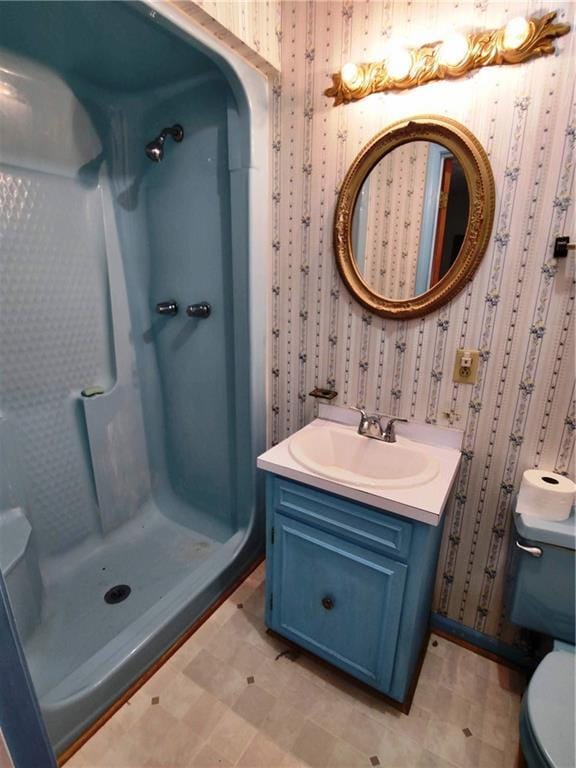 bathroom featuring a shower, vanity, and toilet