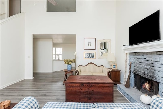 living room featuring a fireplace, hardwood / wood-style floors, and a towering ceiling