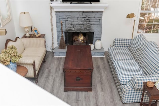 living room featuring a stone fireplace and hardwood / wood-style flooring