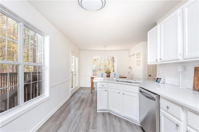 kitchen featuring dishwasher, sink, tasteful backsplash, white cabinetry, and kitchen peninsula