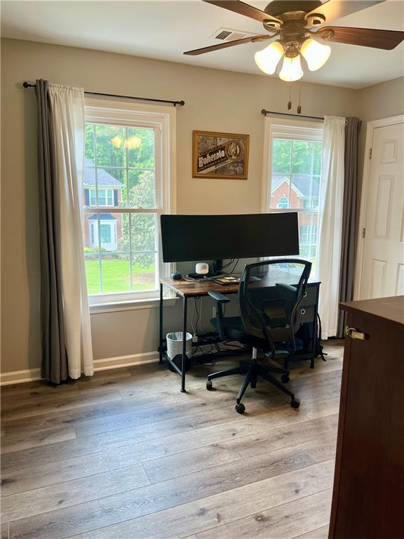 2278 Traywick Chase, Alpharetta, GA 30004 - office featuring visible vents, baseboards, ceiling fan, and hardwood / wood-style flooring
