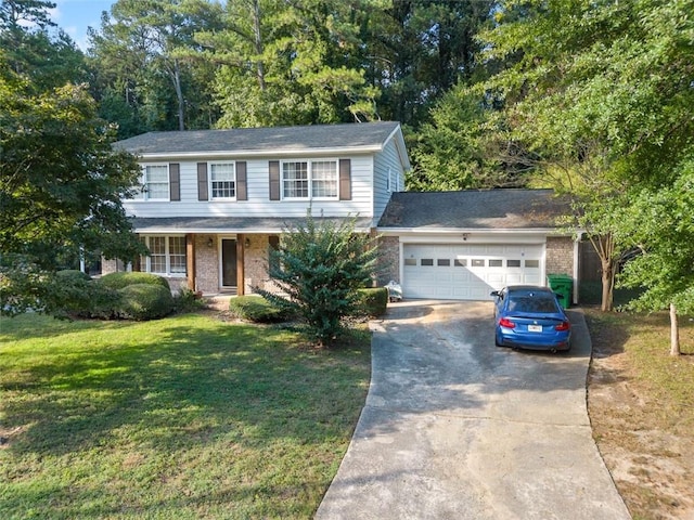 view of front of house with an attached garage, covered porch, brick siding, concrete driveway, and a front yard