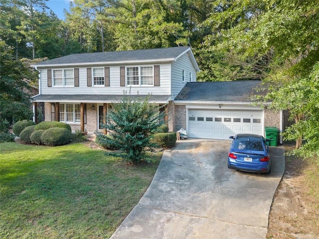 traditional-style house featuring a garage, covered porch, brick siding, driveway, and a front lawn