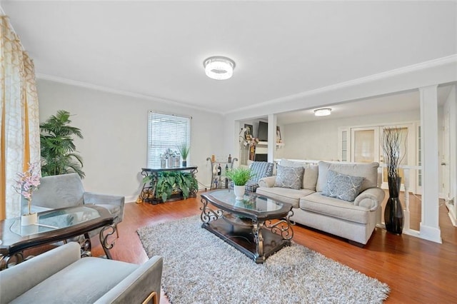 living area with crown molding and wood finished floors