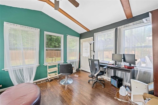 office featuring a ceiling fan, lofted ceiling with beams, baseboards, and wood finished floors