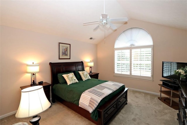 bedroom featuring visible vents, lofted ceiling, light colored carpet, and baseboards