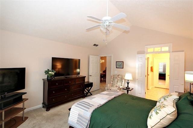 bedroom featuring visible vents, baseboards, vaulted ceiling, ceiling fan with notable chandelier, and light colored carpet