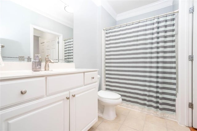 bathroom featuring ornamental molding, toilet, tile patterned floors, vanity, and curtained shower