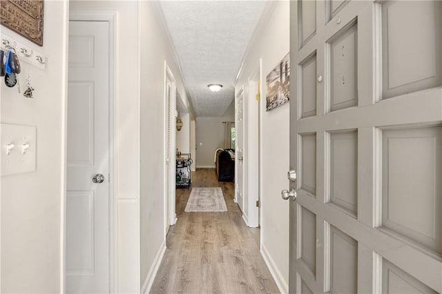 hallway with crown molding, light hardwood / wood-style floors, and a textured ceiling