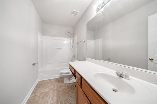 full bathroom featuring shower / washtub combination, vanity, and toilet