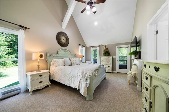 bedroom with carpet, access to outside, ceiling fan, and high vaulted ceiling